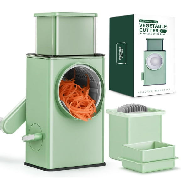 KEOUKE Rotary Cheese Grater 5 in 1 Green - Hand Crank Vegetable Cutter, Shredder, Slicer, Enlarge Input, Suction Base, Labor-Saving Handle, Blade Storage Box, for Onion, Potato, Vegetable, Nuts, etc