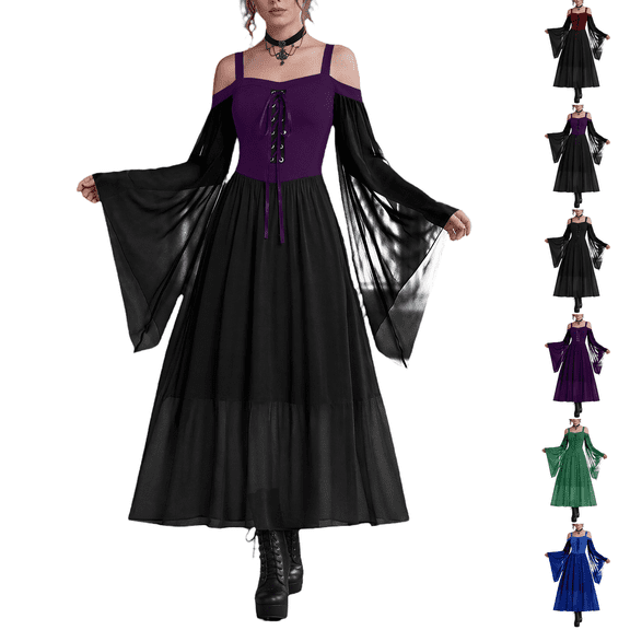 Women's Gothic Punk Dress Cold Shoulder Butterfly Sleeve Christmas Cosplay Party Dress Dark Purple 3XL