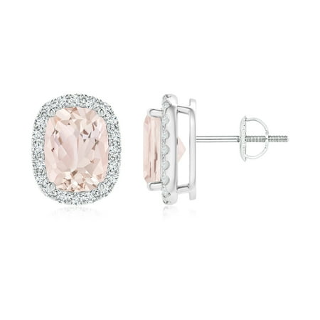 Angara Cushion Cut Morganite Stud Earrings With Diamond Halo In