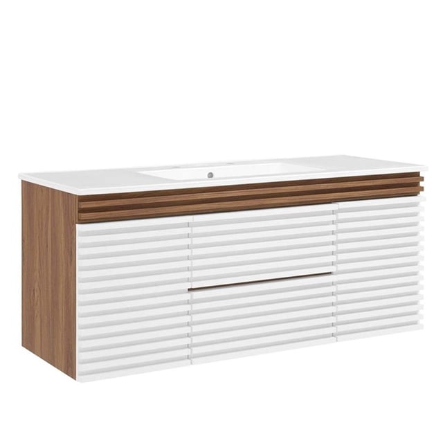 Pemberly Row 48" Wood Wall-Mount Bathroom Vanity-White/Walnut