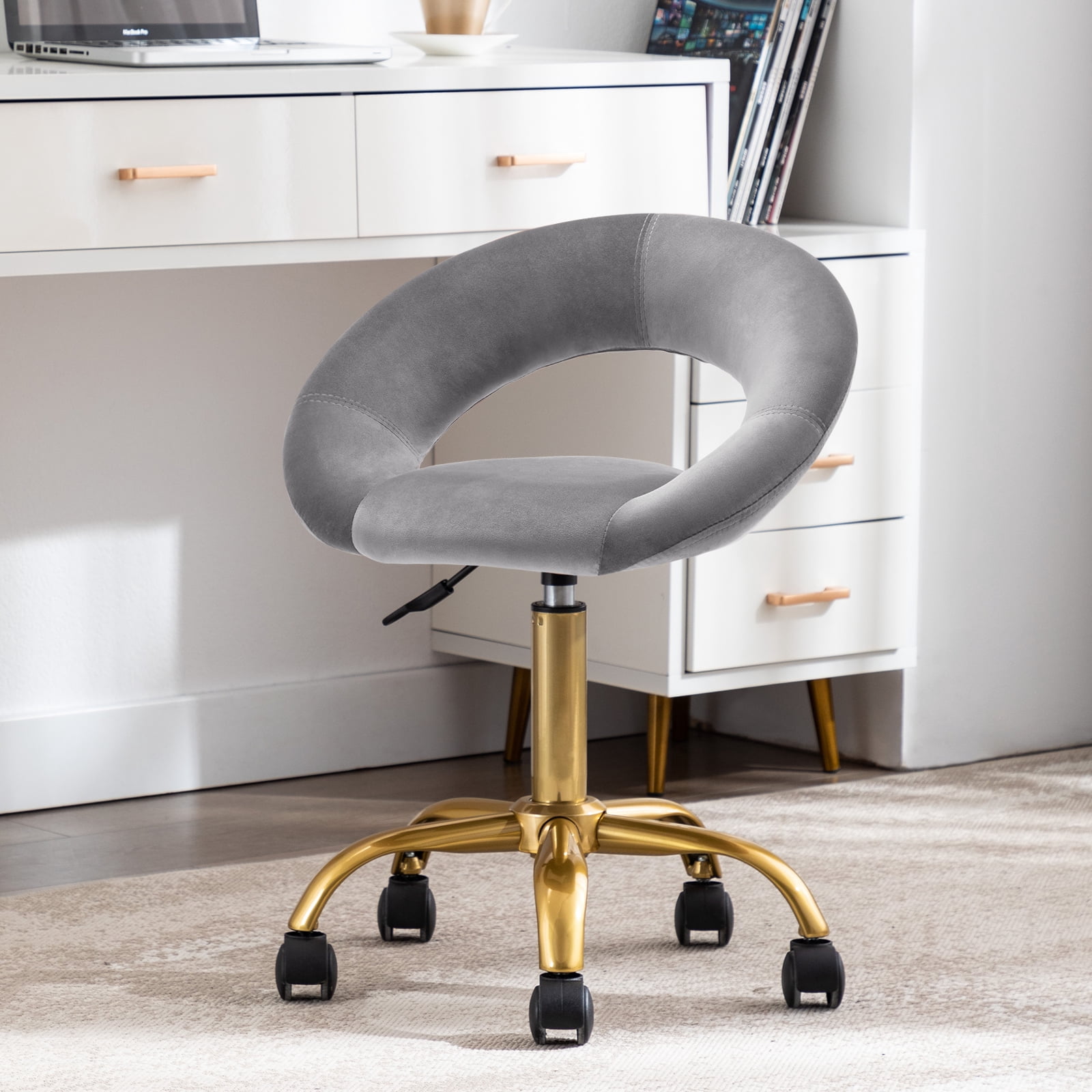 Duhome Faux Leather Home Office Chair Work Rolling Stool Adjustable Swivel Desk Chair on Wheels Modern Salon Stool, Gray