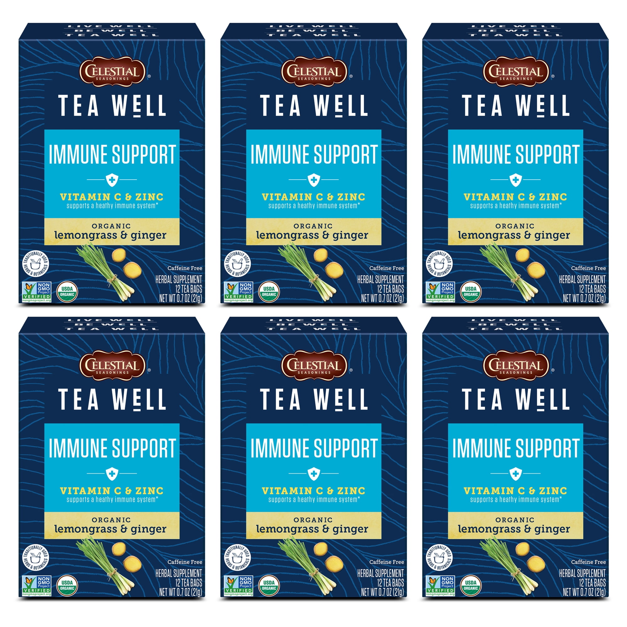 (6 pack) Celestial Seasonings TeaWell Immune Support Organic Lemon Ginger Wellness Herbal Tea Bags, 12 Count