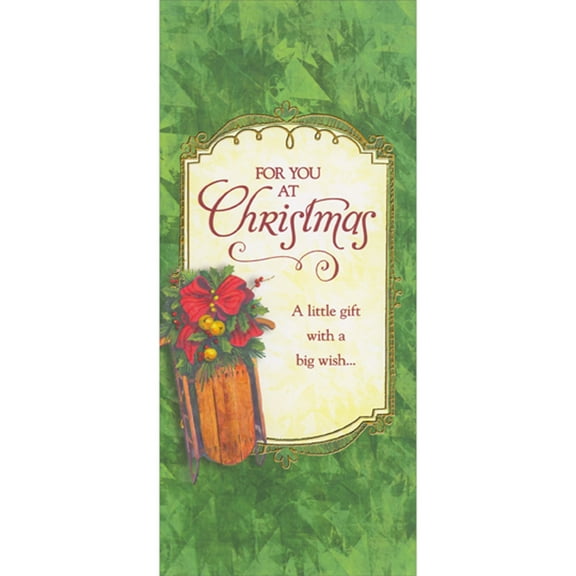 Designer Greetings Wooden Sled with Red Bow on Green Package of 8 Money Holder / Gift Card Holder Christmas Cards