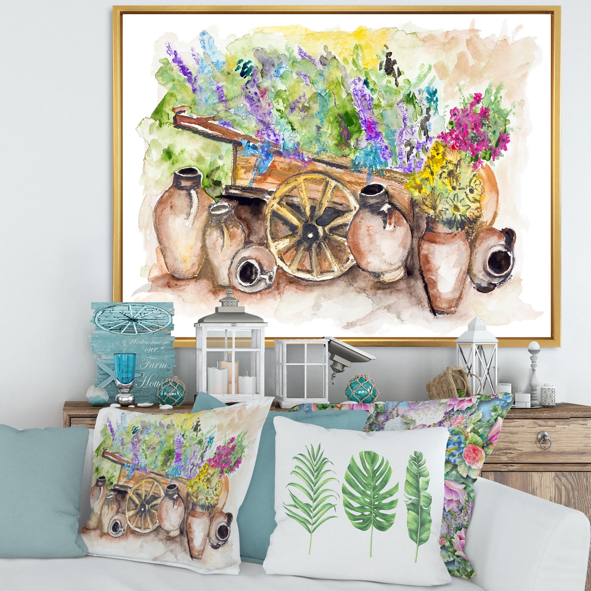 Designart 'Lavender Flowers On Ancient Cart Illustration' Traditional Framed Canvas Wall Art Print
