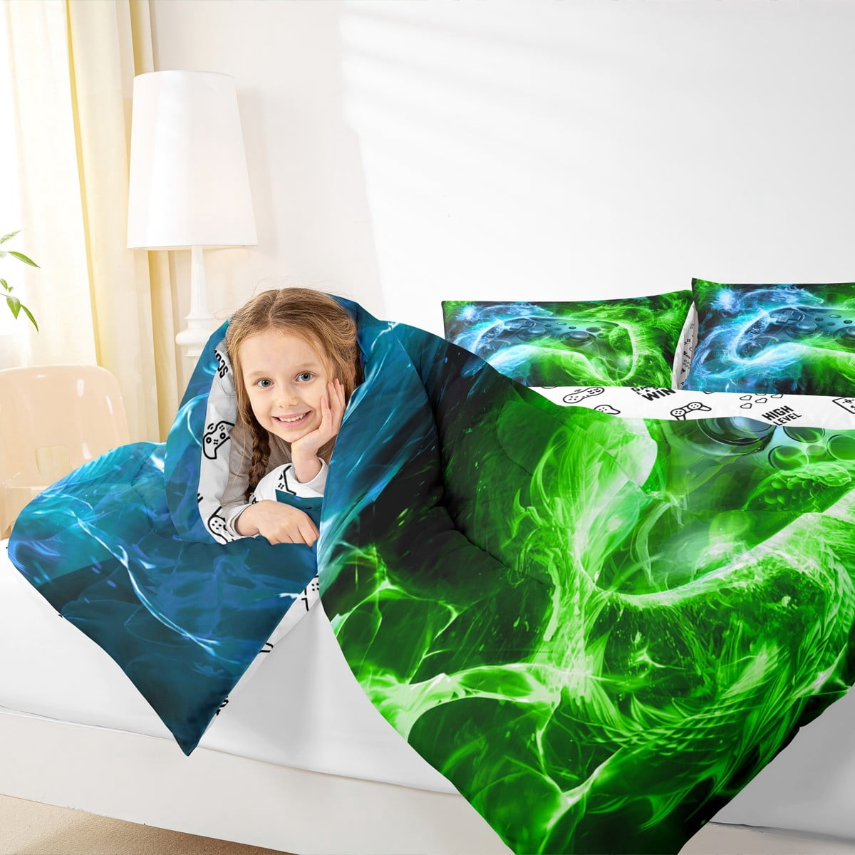 Feelyou Cartoon Game Console 01, Green Blue Twin Comforter Sets, Video Game Lover Reversible Bedding Set, Lightweight Room Decor,2 Pieces