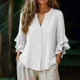 thumbnail image 5 of Xdegoge Linen Button Down Shirts for Women V Neck Three Quarter Ruffle Sleeve Elegant Workwear Going Out Relaxed Fit Solid Plain Design Flowy Stretchy Spring Tops, 5 of 7