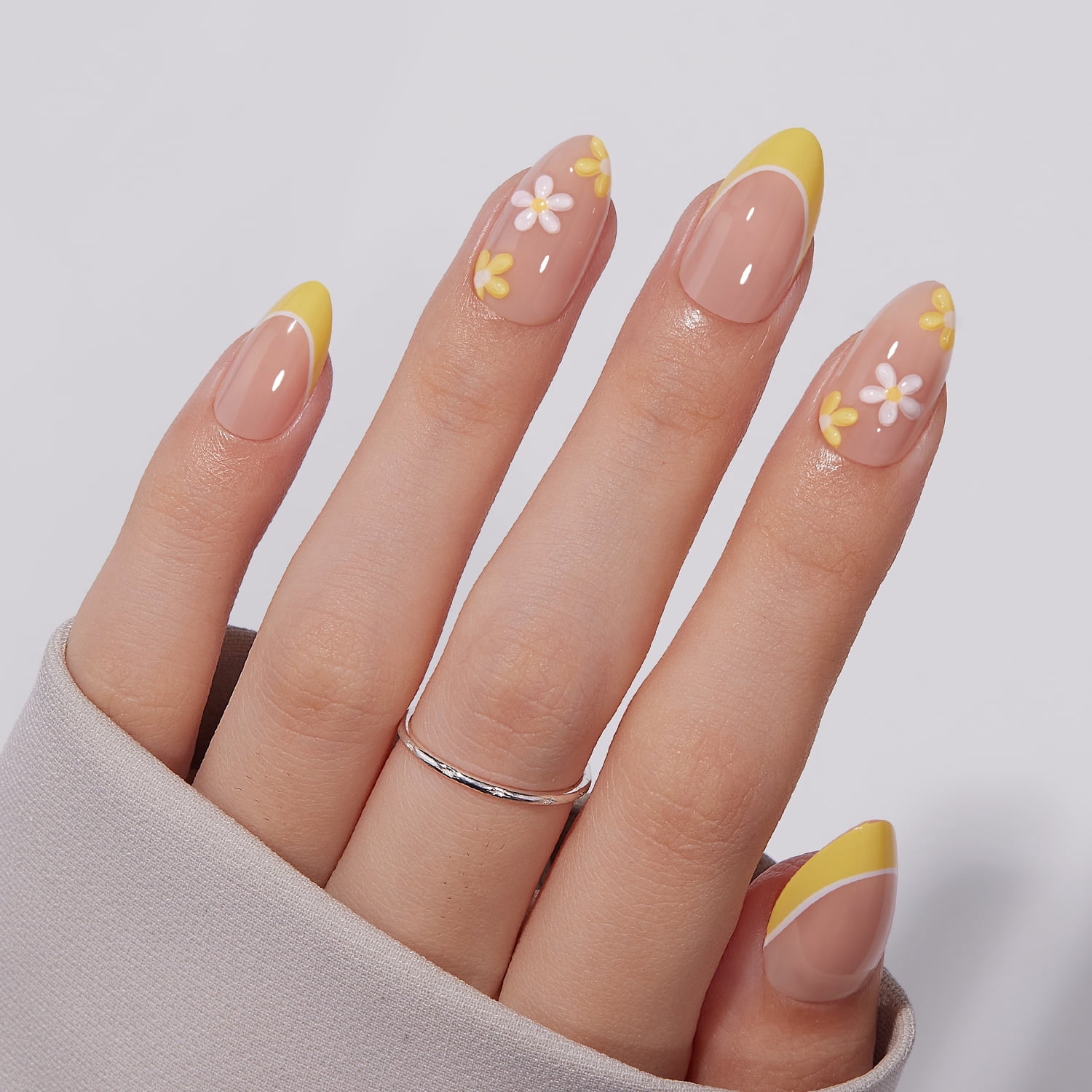 VSALON Press on Nails Short Almond - Lemon Yellow French Tip 3D Flower Design Fake Nails Kit, Reusable Semi-Transparent Gel Glue on Nails with Glue & Cuticle Oil - 32 PCS Stick on Nails in 16 Sizes