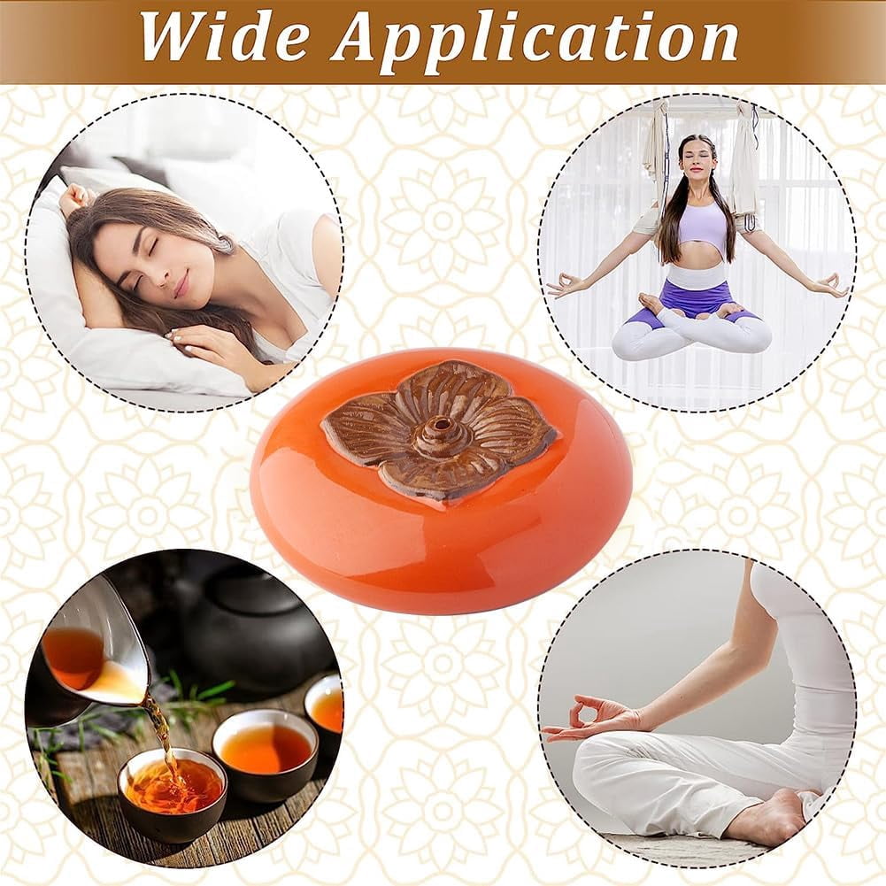 Incense Holder Orange Ceramic Incense Stick Burner Persimmon Shape Creative Handmade Incense Tray Support Stand Porcelain Coil Base for Studio Living Room Home Fragrance Decoration