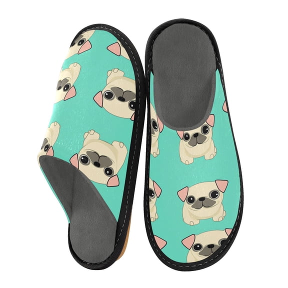 Fuzzy Slippers Women and Men Non-slip Fuzzy Flat Slippers House Bedroom Slippers for Adult Cute Cartoon-style Beige Pugs