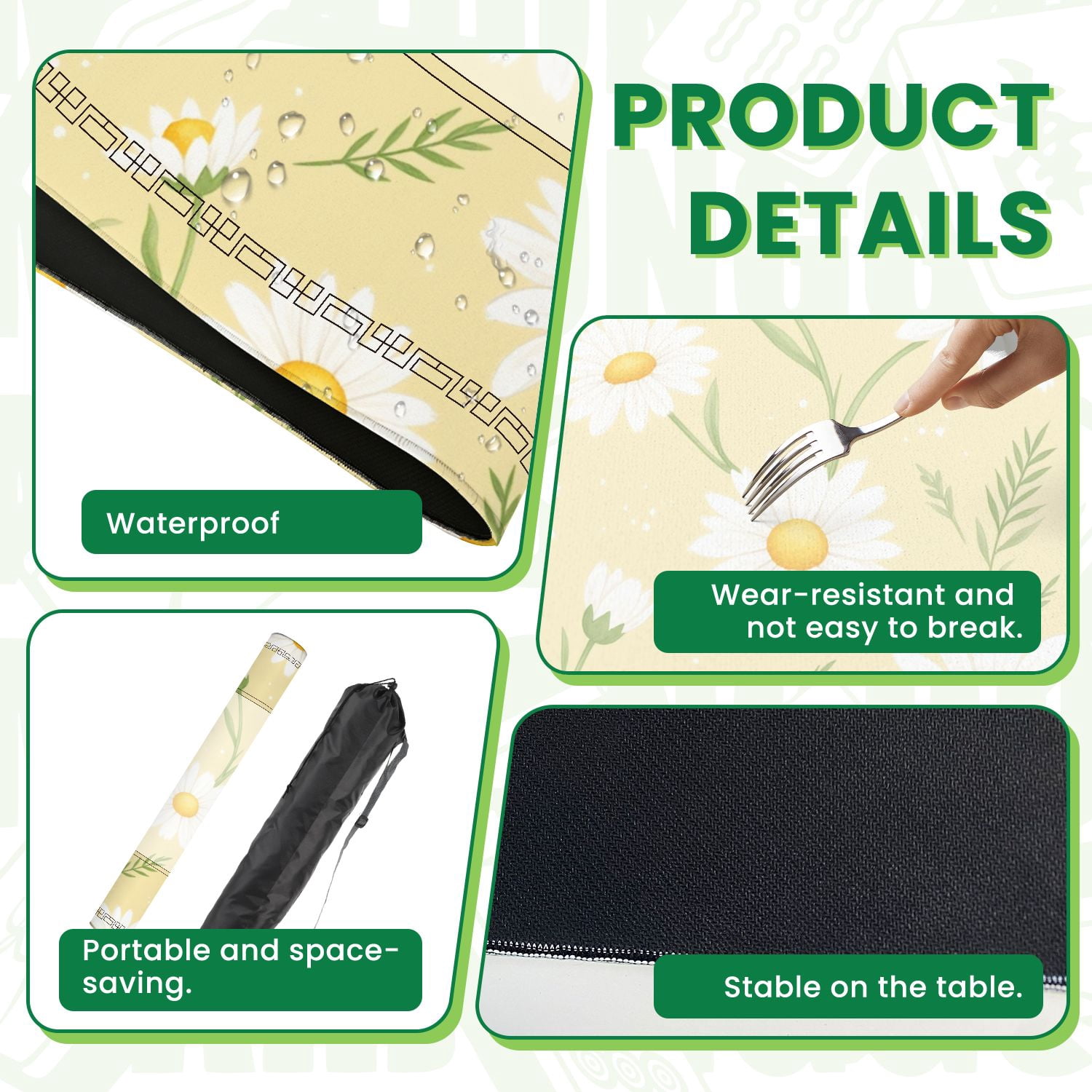 Mahjong Mat 31.5" x 31.5" Seamless Yellow White Daisies Green Leaves Non-Slip Noise Reduction American Mahjong Tiles Table Cover for Dominoes Poker Card Board Games Gift