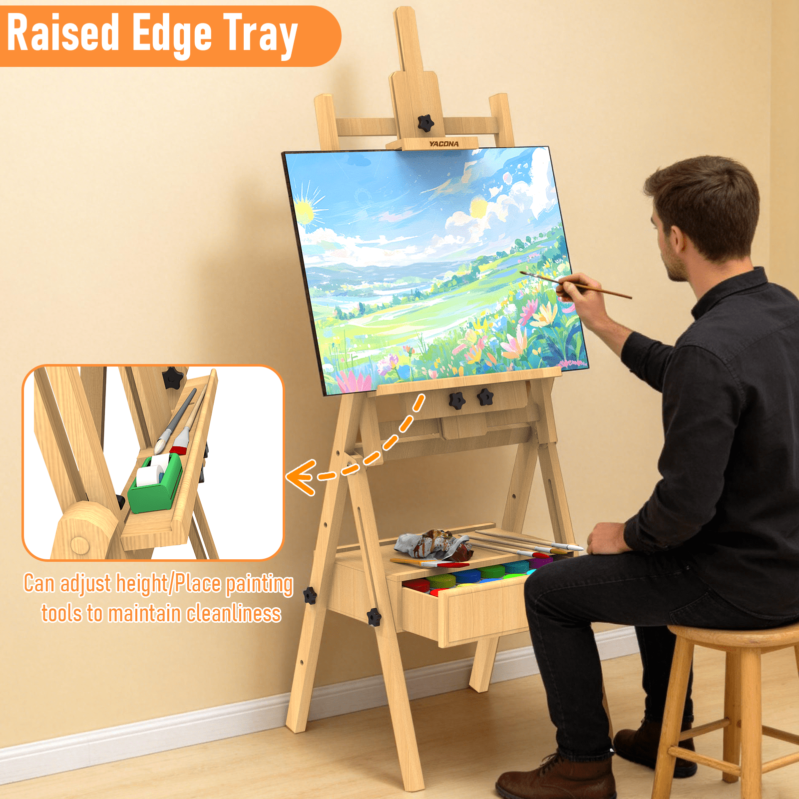 Yacona Easel for Painting, Solid Beech Wood Art Easel for Adults, Adjustable Painting Stand with Drawer, Holds up to 48"