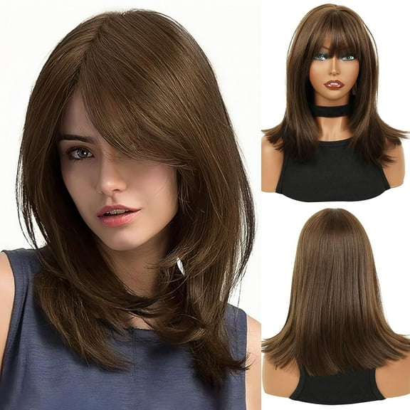 QUEENTAS 14 inch Brown Bob Wigs for Women Shoulder Length Synthetic Wig with Fringe Bangs High Heat Resistant Wig