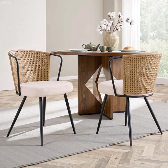 Sailvan Dining Chair Set of 2, Accent Rattan Dining Room Chairs, Modern Kitchen Chairs with Lamb Fleece Cushion, Mid Century Style Living Room Chairs, Easy Assembly, Brown