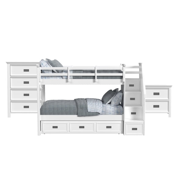 Picket House Furnishings Brooklyn Kids Twin Over Twin Bunk with Staircase and Trundle 3PC Bedroom Set in White