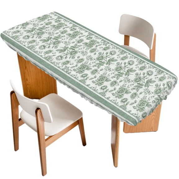 Green Roses Fitted Rectangle Tablecloth 32" x 96" Country Vintage Farmhouse Pastoral Flowers Leaf Stripe Elastic Table Cloth Fits for 8 Foot Folding Tables Waterproof Table Cover for Picnic Camping