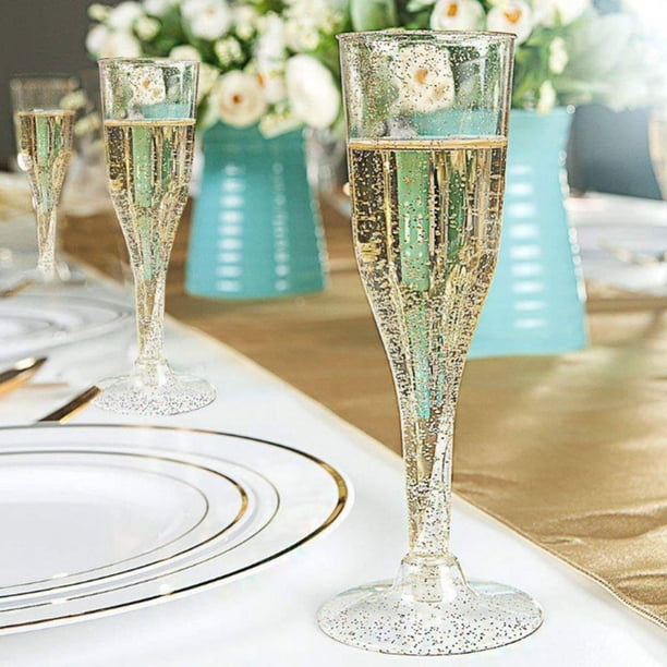 24-Pack Clear & Silver Disposable Champagne Flutes — 6oz Plastic Toasting Glasses For Weddings, Parties, Events