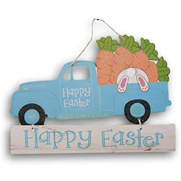 Happy Easter Truck Glittery Decor Sign with Jute Hanger - 13.5 x 9.75 Inches