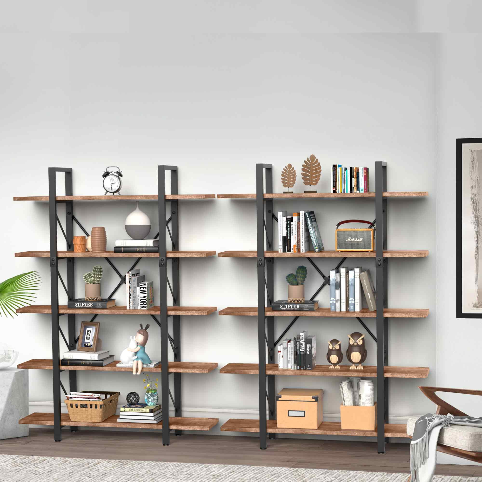 Dextrus 5-Tier Bookcase, Modern Bookshelf Storage Organizer, Free Standing Display Shelf with Metal Frame for Home Office, Office Room, Brown