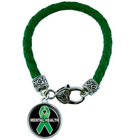- Mental Health Awareness Green Leather Bracelet Jewelry