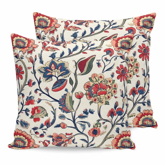 Pillow Covers 18x18 Set of 2, Boho Flowers Throw Pillow Covers Decorative Couch Cushion Cover, Watercolor Red Orange Floral Branch Leaf Microfiber Soft Square Pillowcases for Bedroom Living Room Sofa