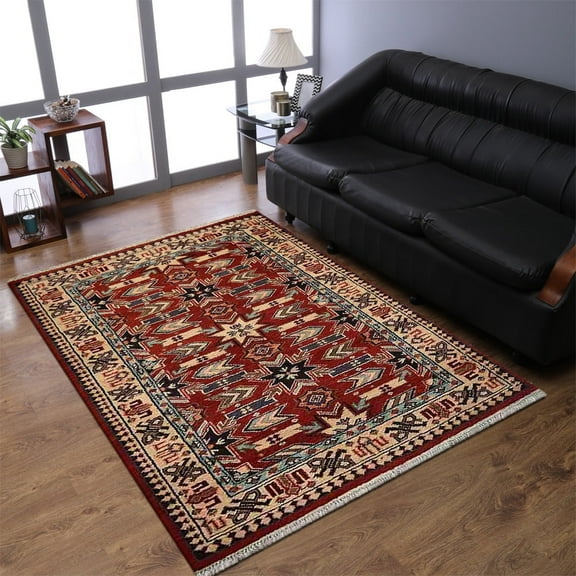 Rugsotic Carpets Hand Knotted Afghan Rugs Rectangle 3'x5' Red Cream Silk-Wool for Indoor Use