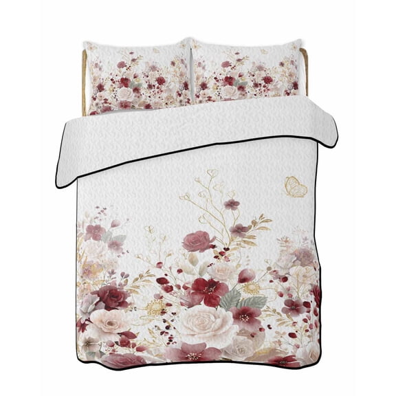 Quilt King Size Bedding Set, Red Spring Floral Reversible Summer Quilt 3 Pieces, Elegant Pastoral Flowers Watercolor Lightweight Bedspreads Coverlets with 2 Pillow Shams for All Seasons