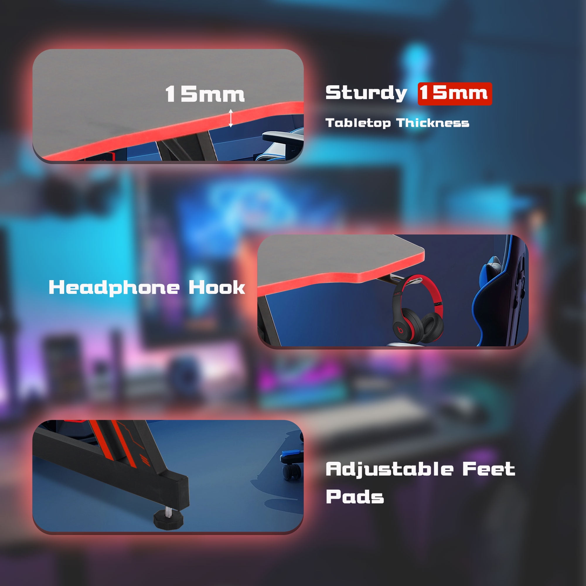 Yrllensdan Z-Shaped Gaming Desks with Headphone Hook and Adjustable Feet Gaming Table Desk, Red