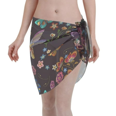 Adobk Women Beach Sarong Bathing Suit Humming Bird Print Wrap Skirt Sheer Bikini Swimsuit Cover Ups For Swimwear