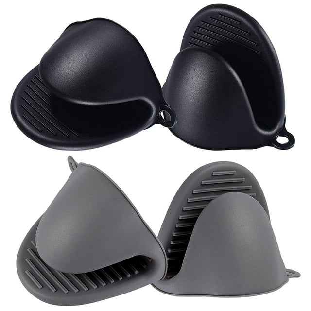 4 guantes de silicona para horno resistentes al calor, mini guantes de horno, guantes de goma para cocina, freír, cocinar, hornear, barbacoa (negro + gris)