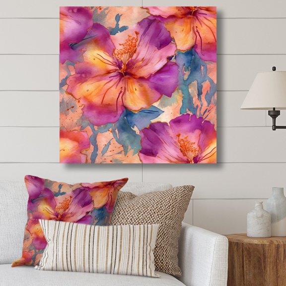Designart "Purple Orange Hibiscus Blossoms" Floral Hibiscus Wall Art For Bathroom