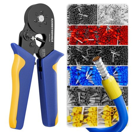 Haisstronica Kit d'Outils de Serrage de Ferrule, Pince de Serrage Hexagonale Auto-Ajustable pour AWG23-10 avec 1200 Pcs Bornes de Fil de Cuivre Rouge, Outil de Serrage de Fil à Cliquet-Kit de Serrure de Ferrule