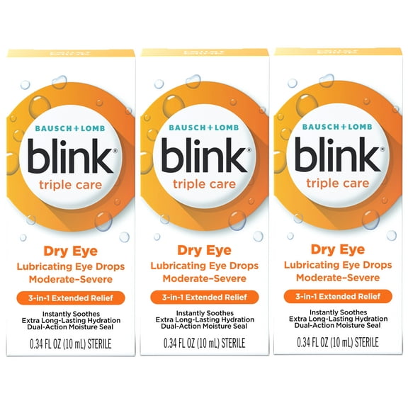 3 Pack - Blink Triple Care Lubricating Eye Drops – Long-Lasting Hydration for Moderate to Severe Dry Eyes, Moisturizes & Soothes with Hyaluronate, 0.34 Fl Oz