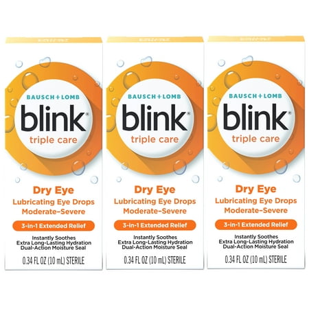 3 Pack - Blink Triple Care Lubricating Eye Drops – Long-Lasting Hydration for Moderate to Severe Dry Eyes, Moisturizes & Soothes with Hyaluronate, 0.34 Fl Oz