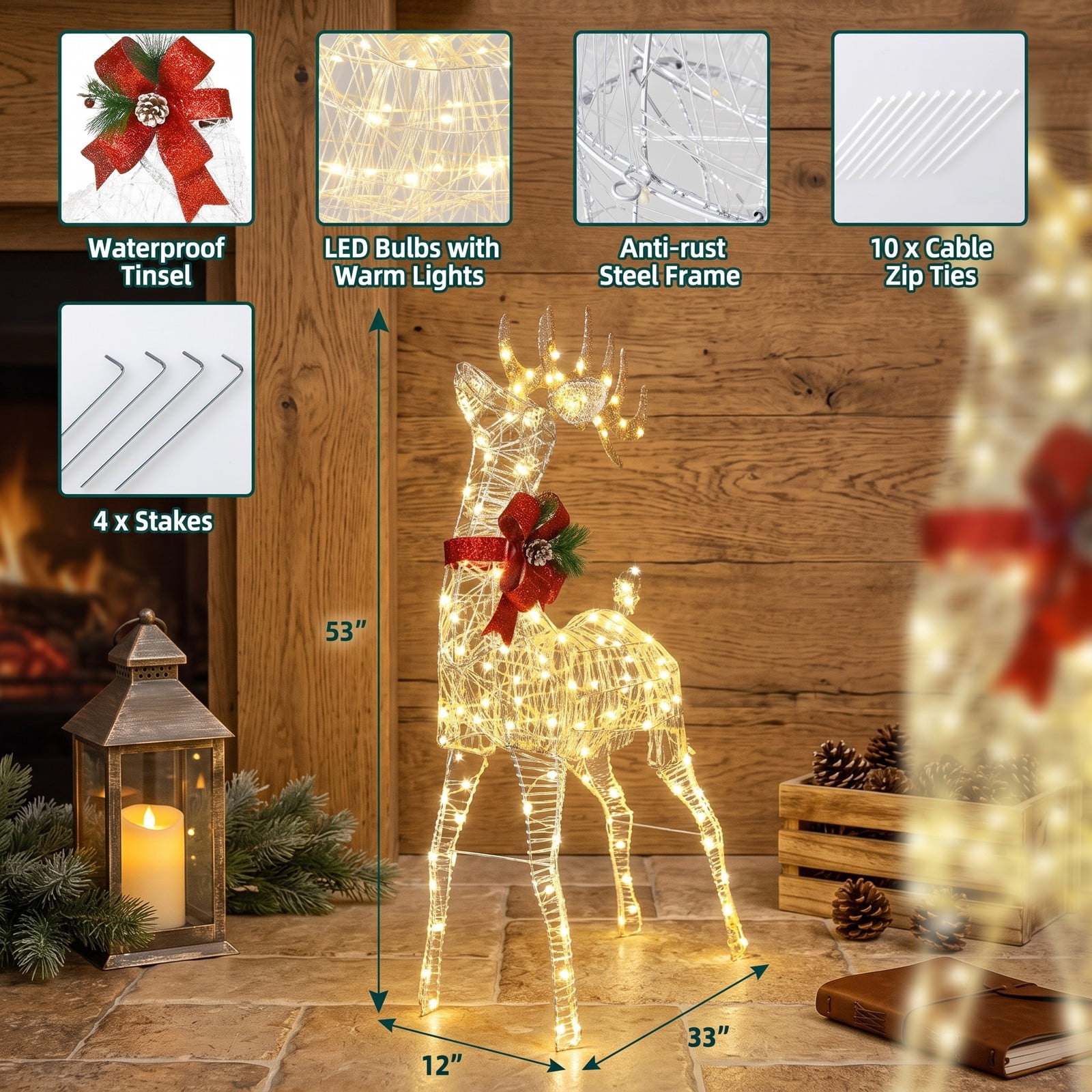 RUIE 53-inch Lighted Standing Reindeer Christmas Decoration, 120 Warm White LEDs, Outdoor Yard Deer with Ground Stakes, White