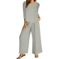 thumbnail image 5 of Bixock Women's 2 Piece Casual Set,3/4 Sleeve Long Pants Outfit,Solid V-Neck Elbow Sleeve Top Pocket Long Pants Linen Leisure Set, 5 of 5
