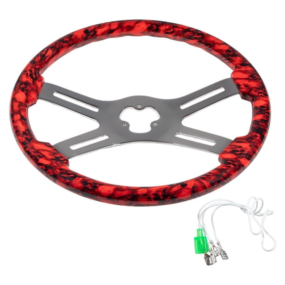 18" Wood Truck Steering Wheel with 4 Chrome Plated Spokes – Red Hydro-Printed Skull Design, Fits with Kenworth, Peterbilt & Freightliner Semi-Trucks, Universal Fit