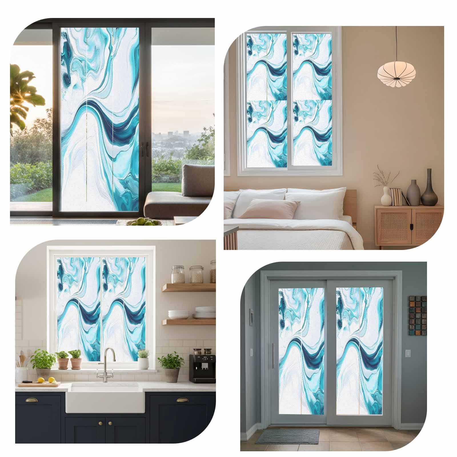 Abstract Water Ripple Window Privacy Film Blue Gradient Modern Ocean Decorative Glass Window Film UV Blocking Static Cling Non-Adhesive Sticker Covering for Home Door 29.5 x 78.7 inches