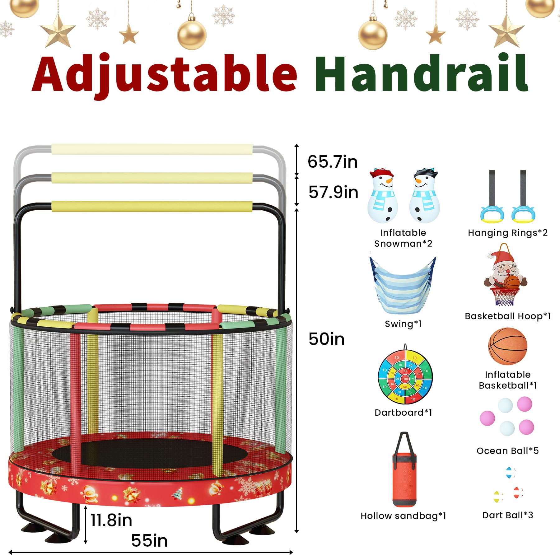 LinkRomat Round Trampoline for Kids, Indoor & Outdoor Toddler Trampoline with Enclosure, Adjustable Height Handrail & Durable Designs for Boys & Girls, 450lbs Capacity, 7-in-1, 55"