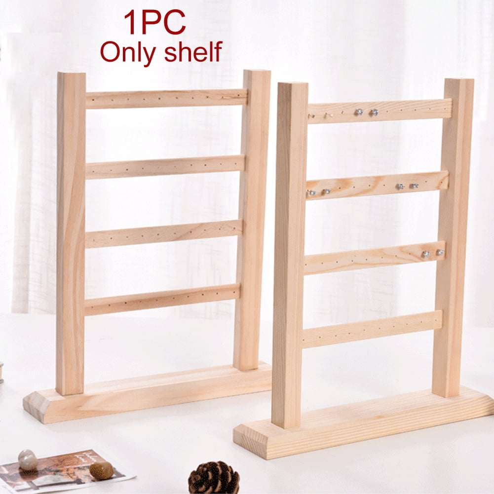 4 Layer Wooden Organizer Jewelry Display Earrings Rack Storage Necklaces Stand 