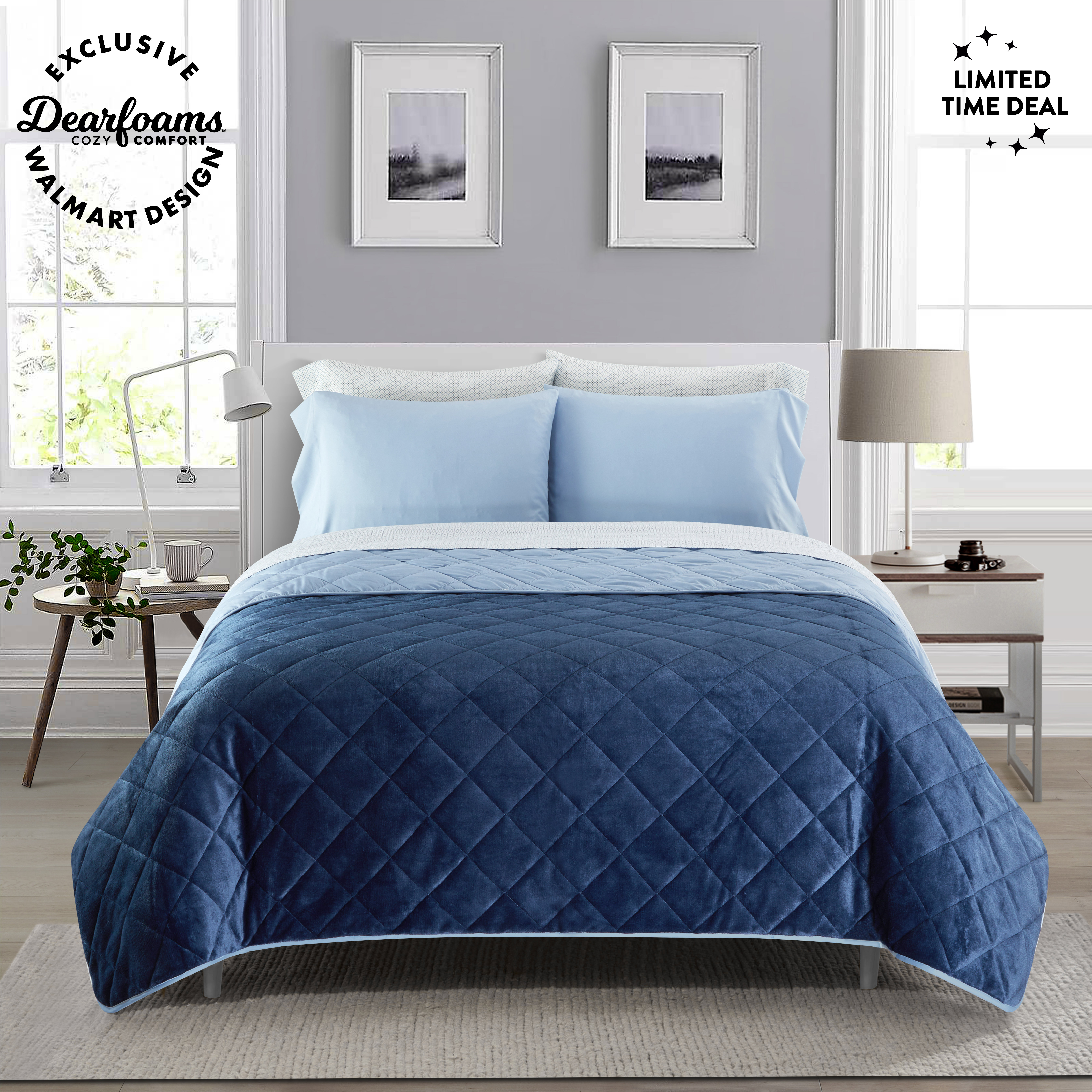 Dearfoams Navy Velvet Plush 7 Piece Quilt Bedding Set with Flannel Sheets, Full - image 2 of 7
