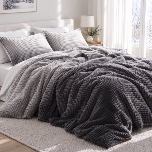 Regency Heights Plush Comforter Set, Full/Queen 3-Piece Fluffy Bubble Plush Bedding Set with Smooth Faux Mink Reverse, Reversible Comforter with 2 Shams, Gray Ombre