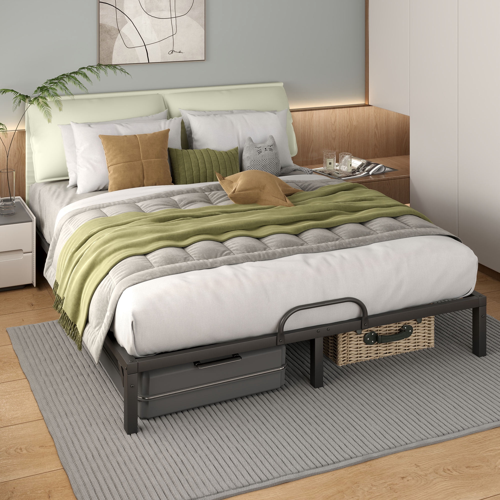 Uforic Beige Queen Size Folding Upholstered Bed Frame with Removable Upholstery, Elegant & Durable Platform Bed