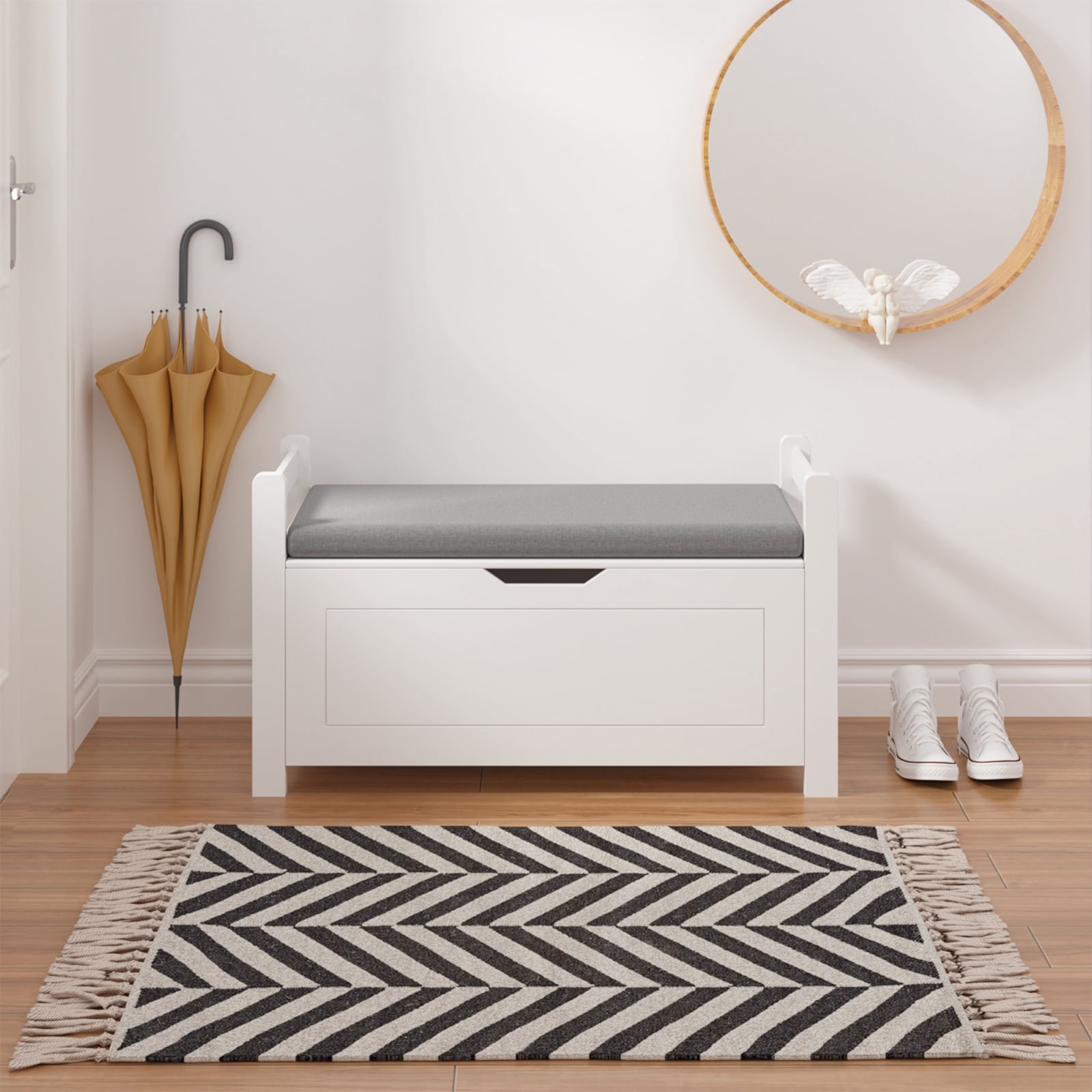 Kids Toy Box Chest, Large Storage Cabinet with Cushion Seat Bench/Flip-Top Lid/Safety Hinge, Toy Storage Organizer Trunk for Nursery, Playroom (White)