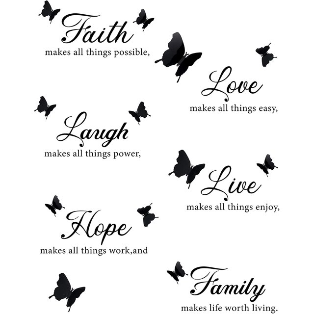 6 piezas Faith Hope Love Laugh Family Live calcomanía de pared calcomanía motivacional calcomanía de pared con 12 piezas 3D mariposa calcomanía inspirador cita pegatinas para decoración del hogar ofic Namotu CZJJ-ST48