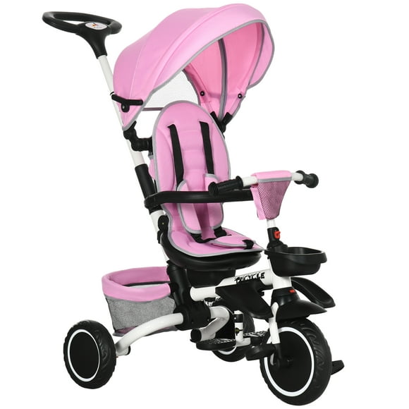 Aosom 6-in-1 Toddler Tricycle for 12-50 Months, Foldable Kids Trike with Adjustable Seat and Push Handle, Safety Harness, Removable Canopy, Footrest, Pink
