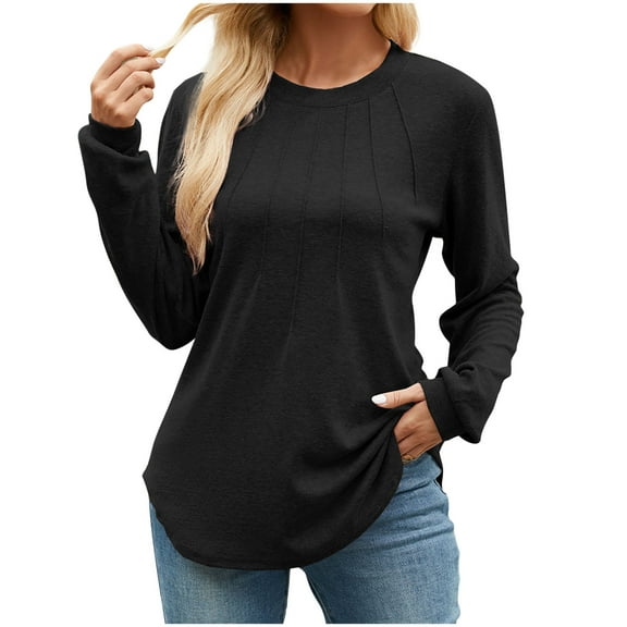 Long Sleeve Shirts for Women Cotton Loose Casual Pleated Tunic Tops Fall Crew Neck Dressy Pullover Blouses (Black L)