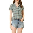 thumbnail image 1 of INSPIRE CHIC Women's Plaid Shirts Point Collar Button Down Cotton Blouses M Grey Blue, 1 of 7