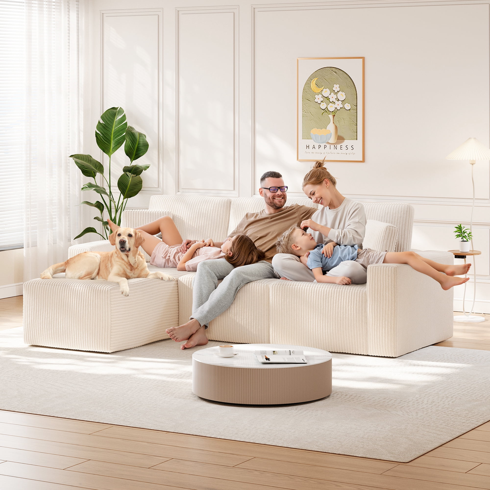Solid Wood Frame Corduroy Sofa Couch, Neche 100" Sectional for Living Room, L-Shaped, Beige