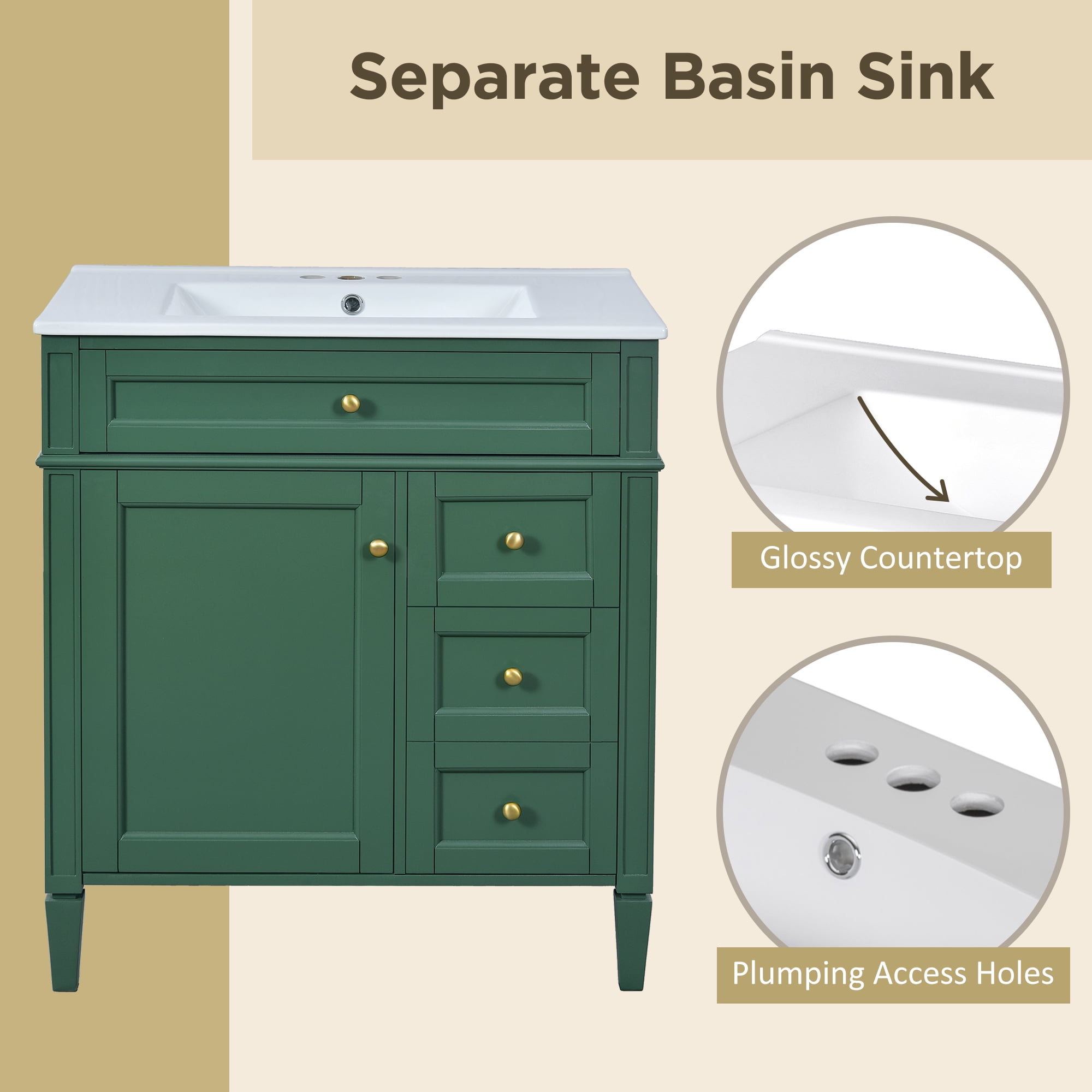 Euroco Modern Bathroom Vanity with Drawers, Cabinet Door Organizer & Tip-Out Tray,Freestanding Storage Cabinet with Sink Compatibility