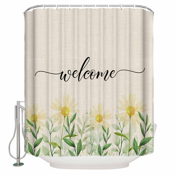 Fabric Shower Curtain Plants Welcome Farmhouse Style Daisy Flower Linen Texture Shower Curtains with 12 Hooks Waterproof Machine Washable Bath Curtains for Bathroom, 60 x 72in